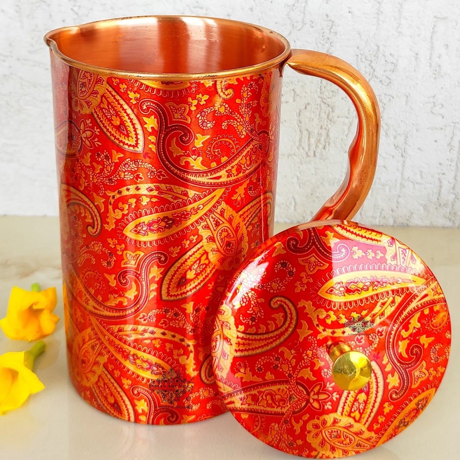 Pure copper paisley printed design jug with brass knob on lid paisley, 1500 ML